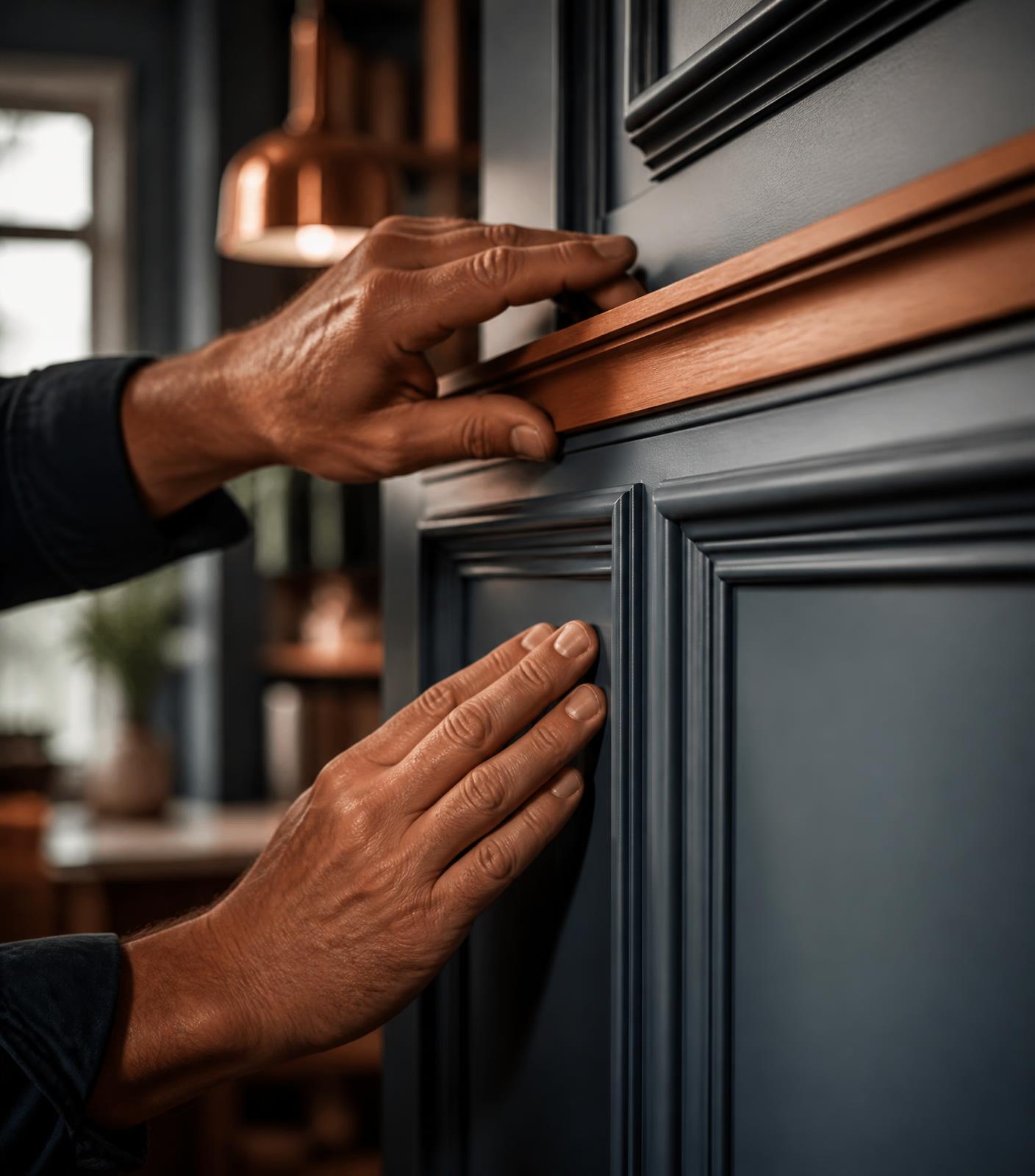 Craftsman installing custom wood trim in a renovated home